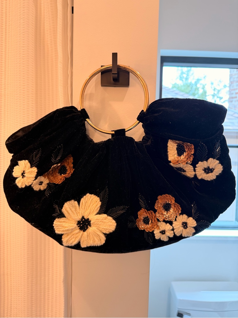 Black Velvet Floral Embroidered Ring-Handle Bag